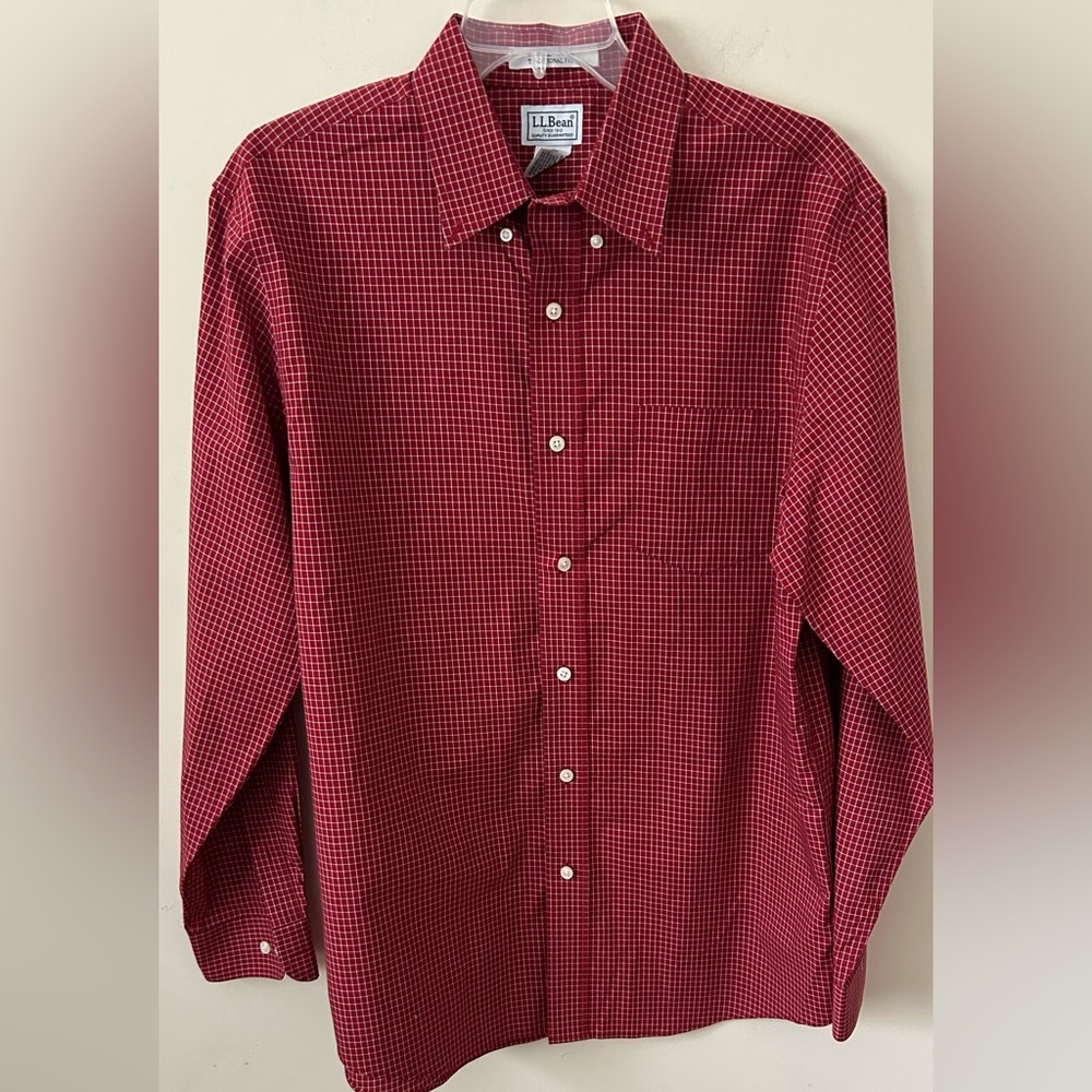 LL Bean Shirt Mens Medium Dark Red Gingham Lakeside Performance Slightly Fitted‎